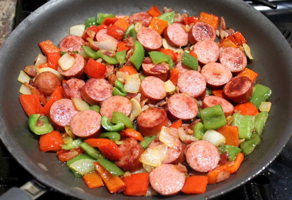 Sausage with Peppers, Onions, and Bacon5